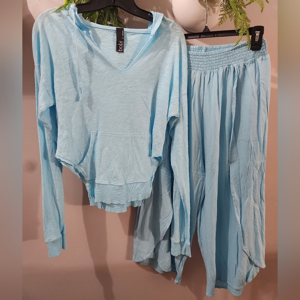 bobi Light Blue Two-Piece Hoodie & Wide Leg Pants Set